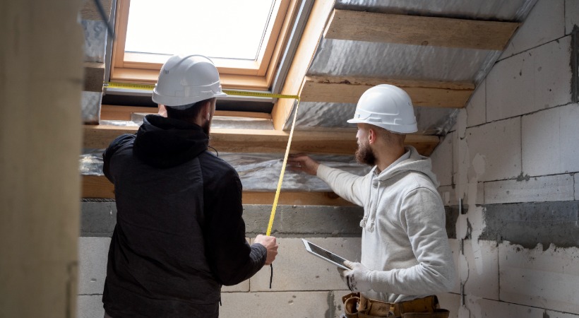 Two builders working on loft conversion. 