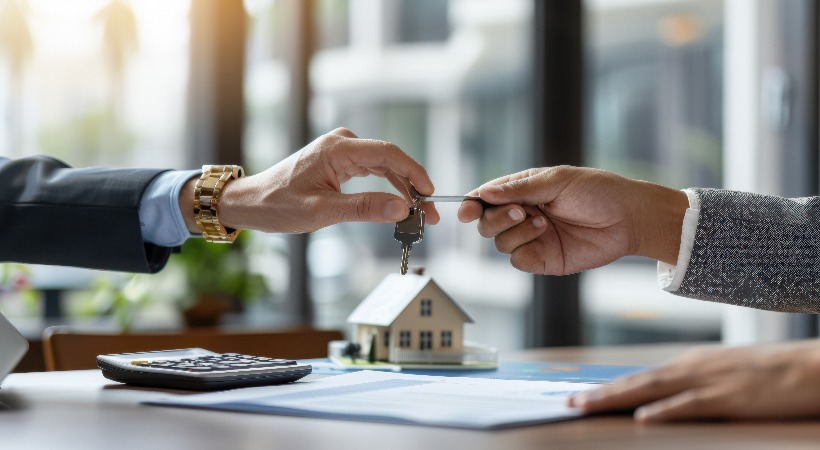 Bridging loan vs. mortgage agreement: hands shaking over property deal. 